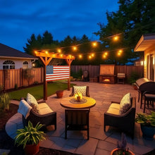 Backyard patio with USA American flag vinyl banner outdoor decor