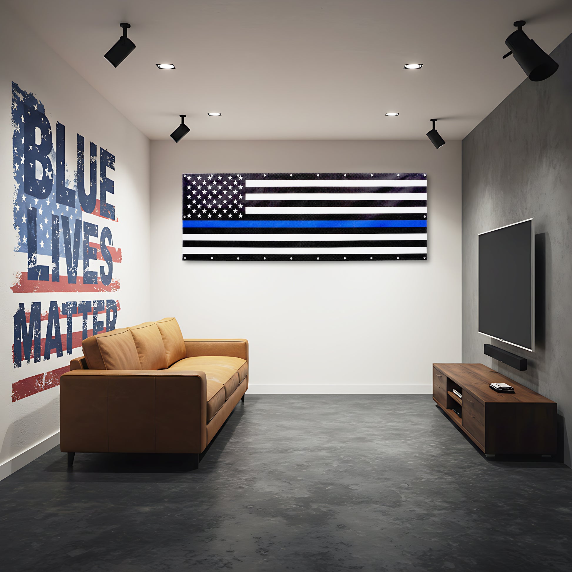 Living room with 'Blue Lives Matter' and American flag wall art banner.